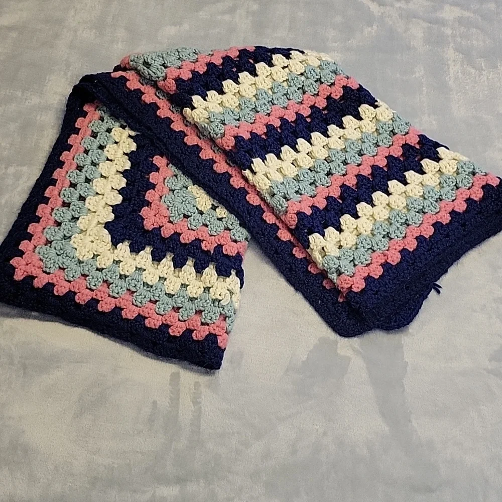Handmade Crochet Blanket in Pink, Blue, Sage, and Cream, 49